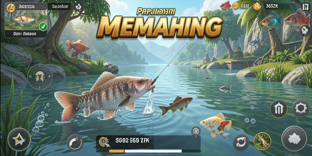 Tampilan gameplay seru dalam 369ZK saat menangkap ikan.