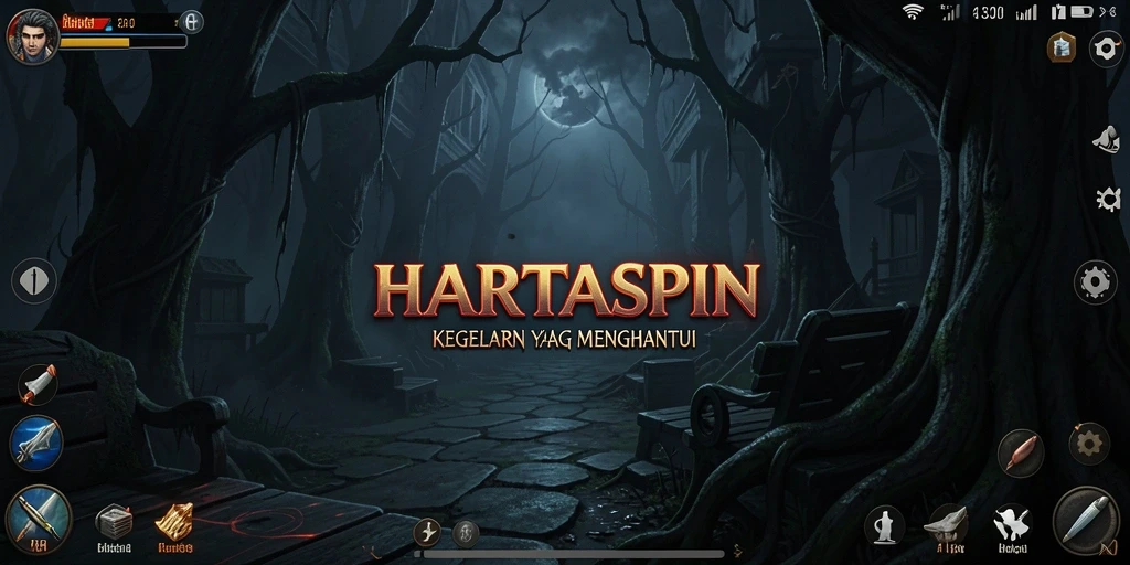 Tampilan gameplay HARTASPIN yang menegangkan dan penuh horor.