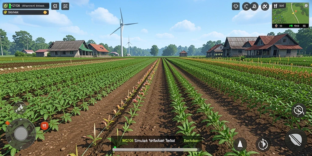Tampilan gameplay MG108 dengan ladang subur dan aktivitas bertani.