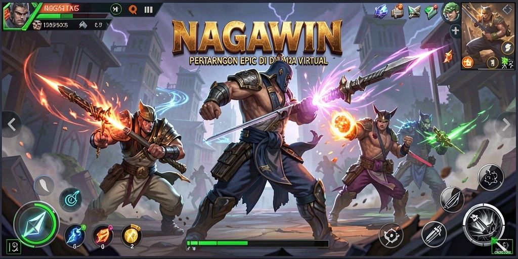Screenshot NAGAWIN menampilkan aksi pertarungan yang mendebarkan dan karakter-karakter unik.