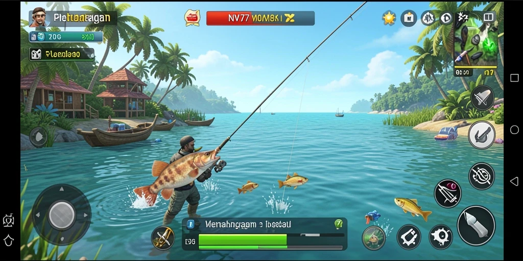 Screenshot gameplay NV77 menampilkan suasana memancing yang mendebarkan.