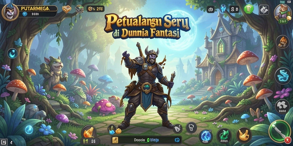 Screenshot utama PUTARMEGA menampilkan pertarungan seru antara karakter di dunia fantasi.