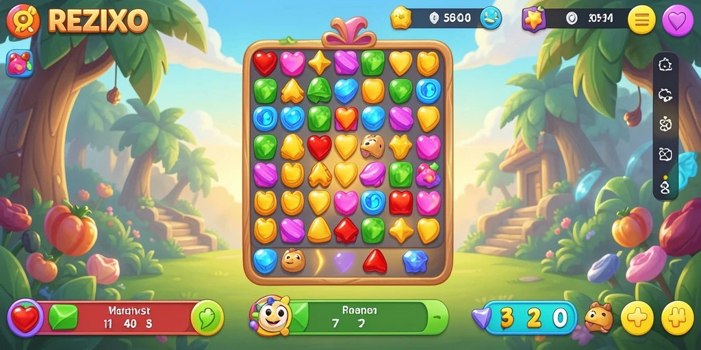 Tampilan gameplay Match-3 yang menarik dan penuh warna di REZIXO.