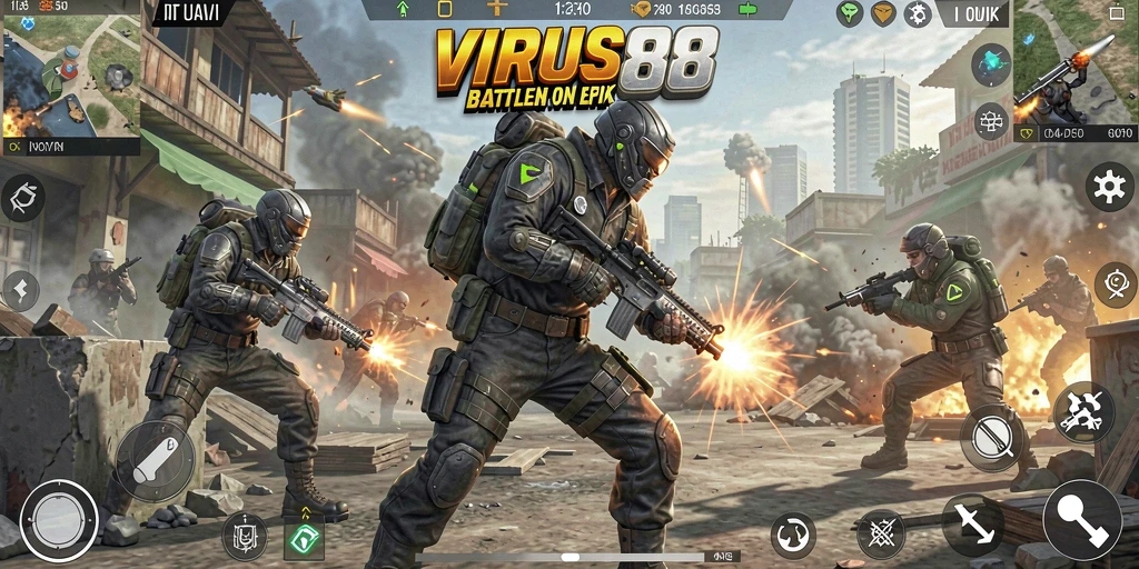 Gameplay seru di VIRUS88 dengan aksi Battle Royale yang mendebarkan.